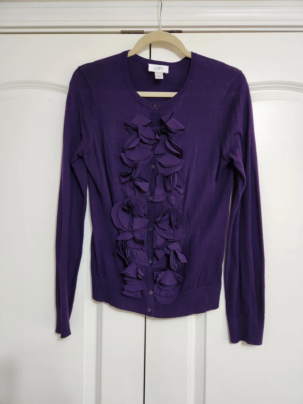 LOFT Purple 3D Floral Whimsical Applique Front Button Vintage Cardigan